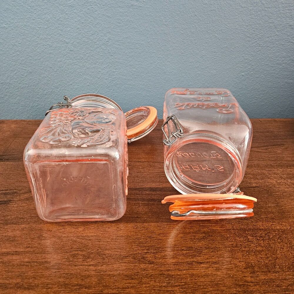 2 Vintage Pink Glass FARM'S PRODUCTS Slant Top Canisters Mason Jars Italy READ - Picture 4 of 6